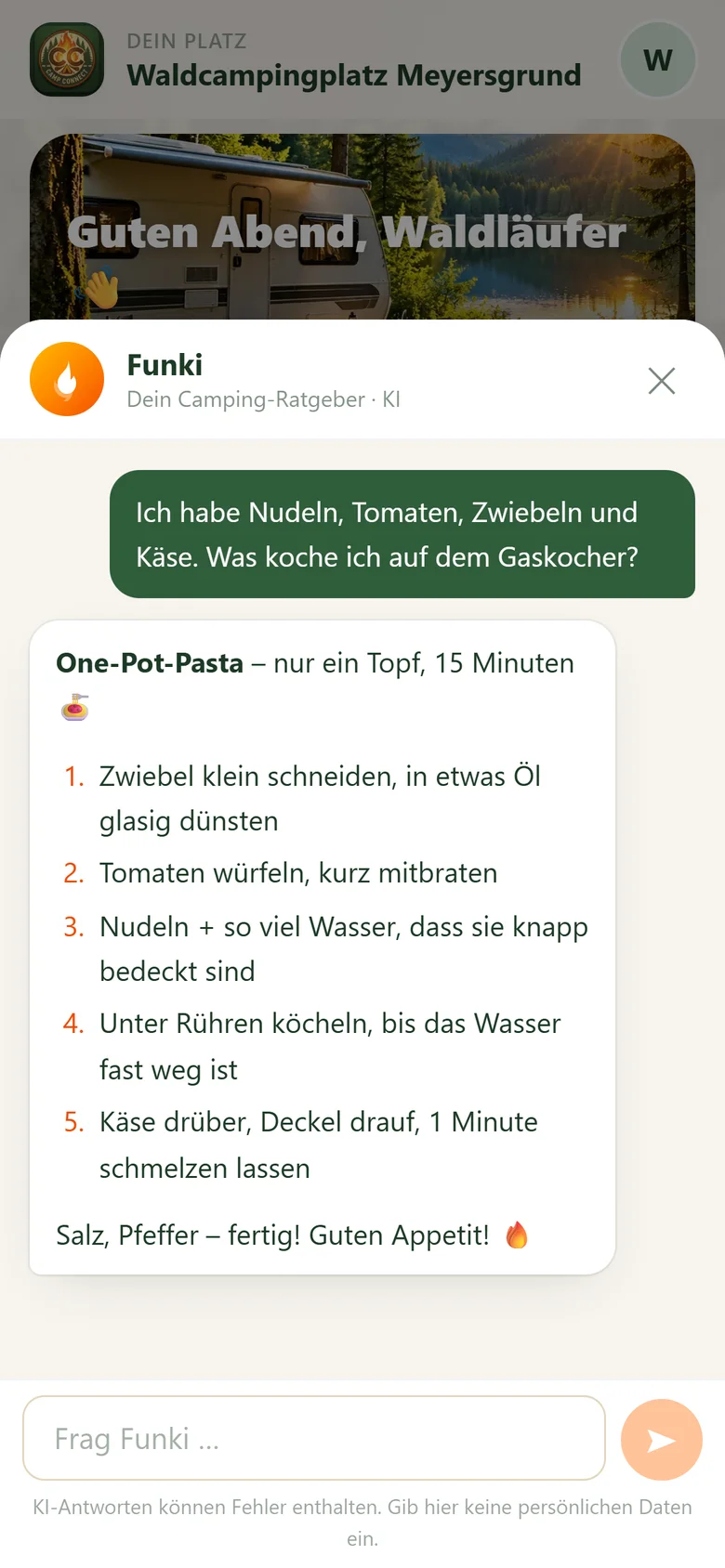 Funki, der KI-Ratgeber, schlägt ein Campingrezept vor
